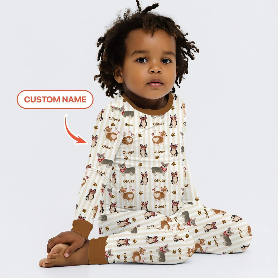 Custom Name Playful Corgis Family Matching Bamboo Two Piece Long Sleeve Pajama Set