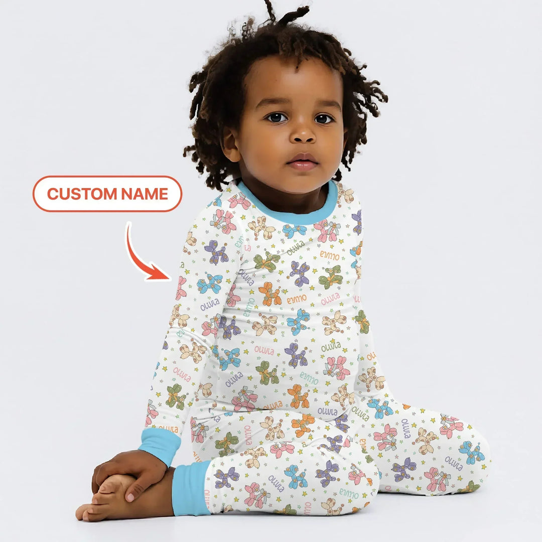Custom Name Balloon Dog Bamboo Two Piece Long Sleeve Pajama Set