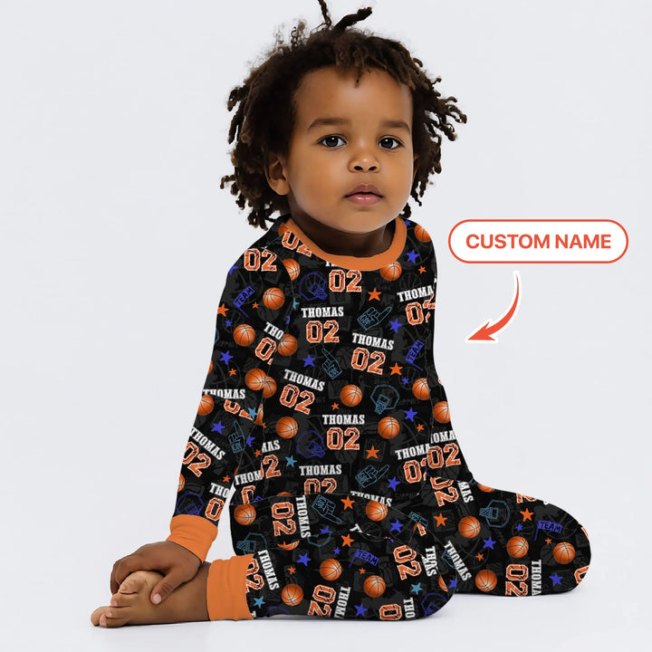 Custom Name Basketball Time Bamboo Two Piece Long Sleeve Pajama Set