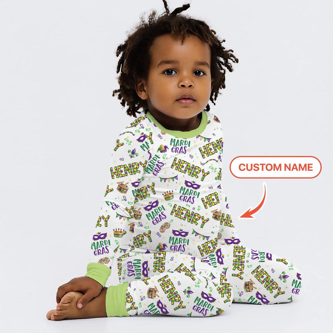 Custom Name Make your own Mardi Gras Bamboo Two Piece Long Sleeve Pajama Set