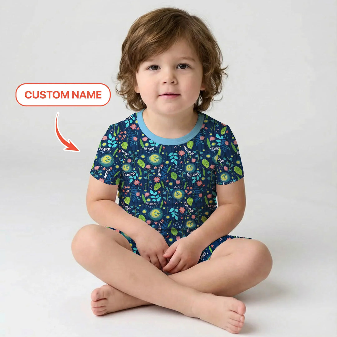 Nighttime Bugs Custom Name Bamboo Two Piece Short Sleeve Shorts Pajama Set