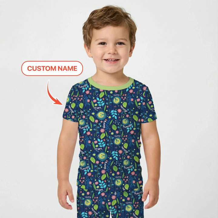Nighttime Bugs Custom Name Bamboo Two Piece Short Sleeve Pajama Set