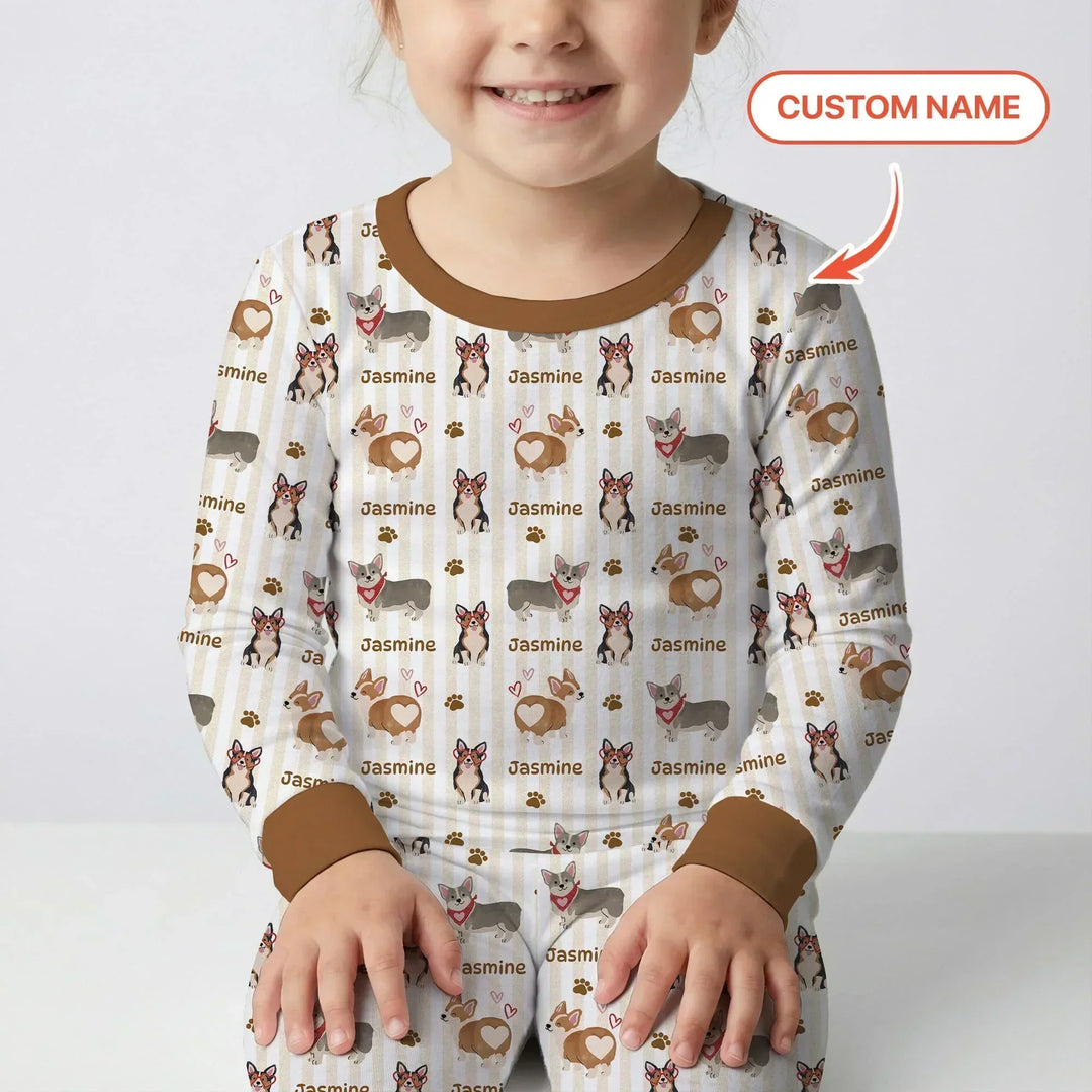 Custom Name Playful Corgis Family Matching Bamboo Two Piece Long Sleeve Pajama Set