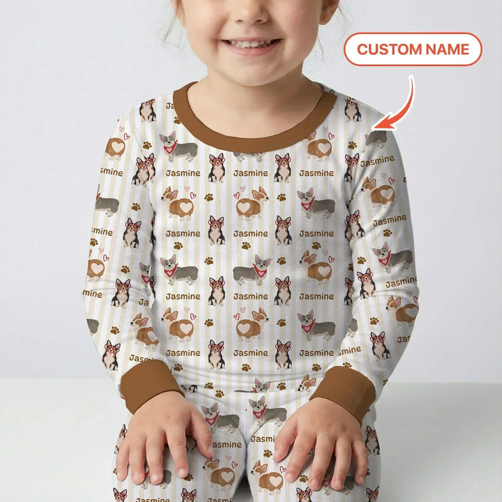 Custom Name Playful Corgis Family Matching Bamboo Two Piece Long Sleeve Pajama Set