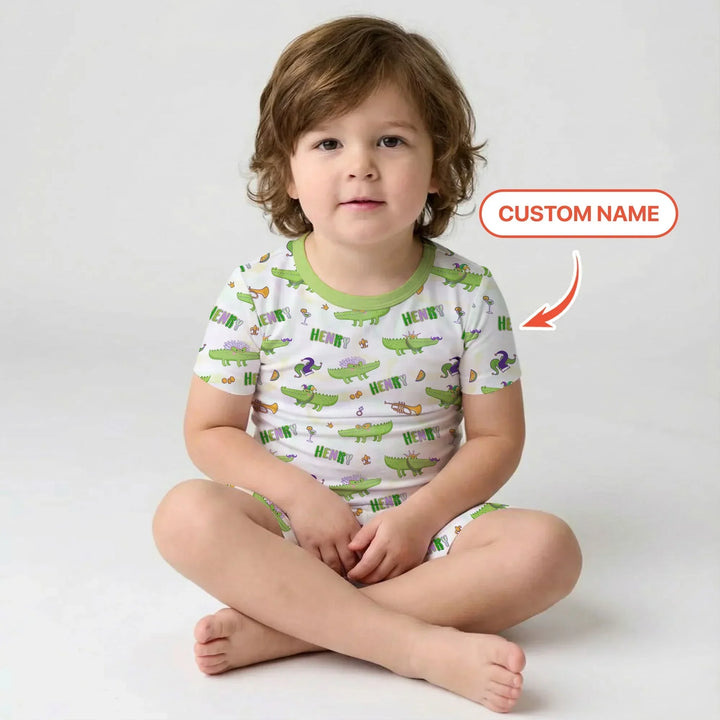 Alligator Mardi Gras Festival Bamboo Two Piece Short Sleeve Shorts Pajama Set