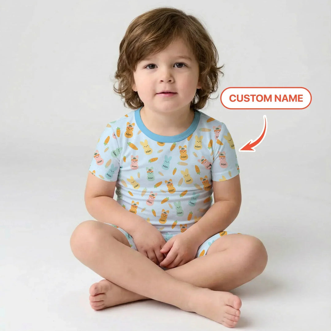 Custom Name Easter Bunny Bamboo Two Piece Short Sleeve Shorts Pajama Set