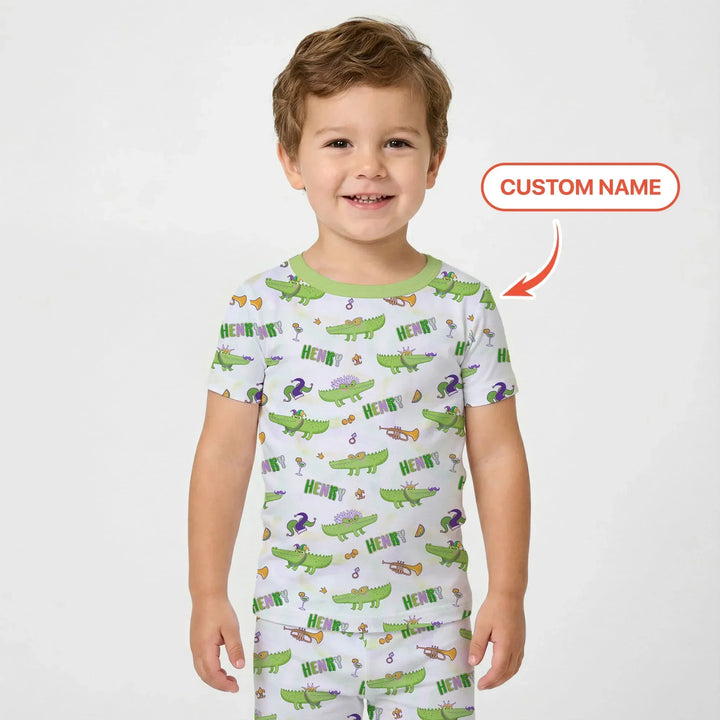 Alligator Mardi Gras Festival Bamboo Two Piece Short Sleeve Pajama Set