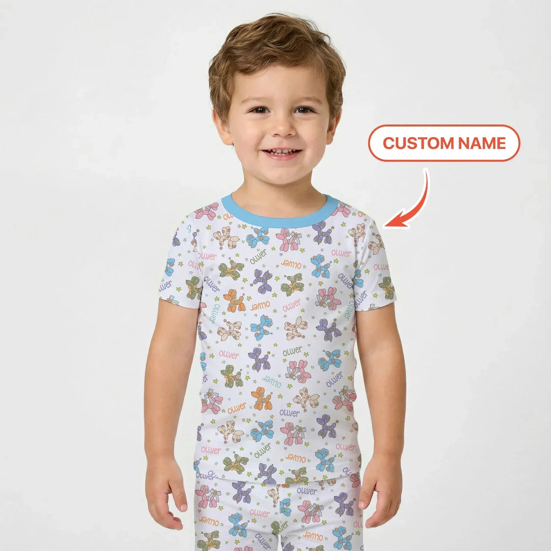 Custom Name Balloon Dog Bamboo Two Piece Short Sleeve Pajama Set