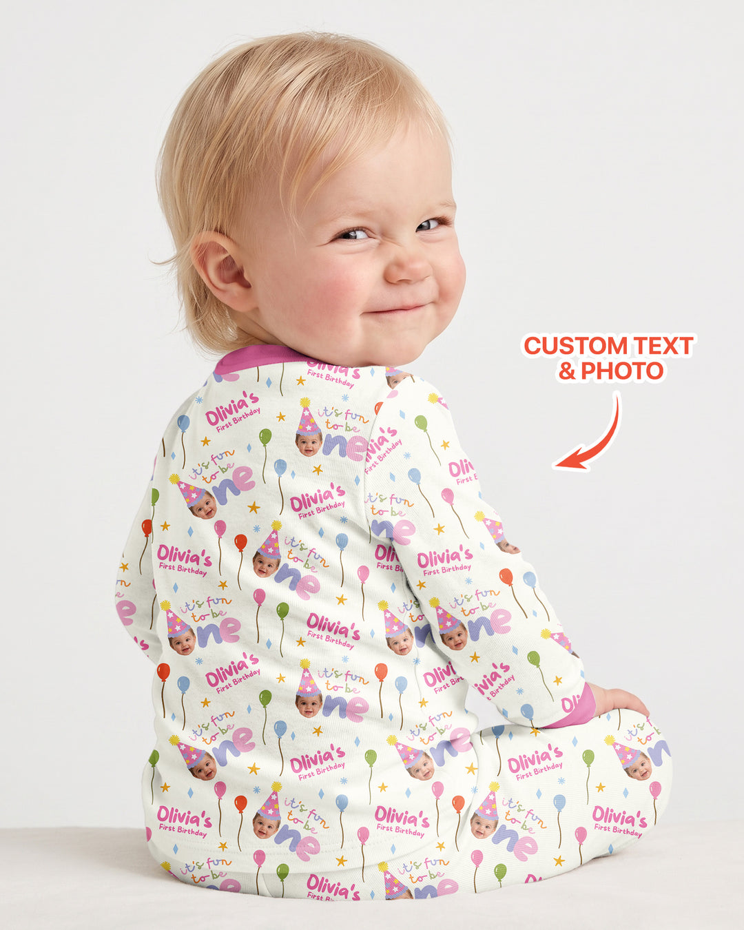 Custom Photo First Birthday Fun Bamboo Two Piece Long Sleeve Pajama Set