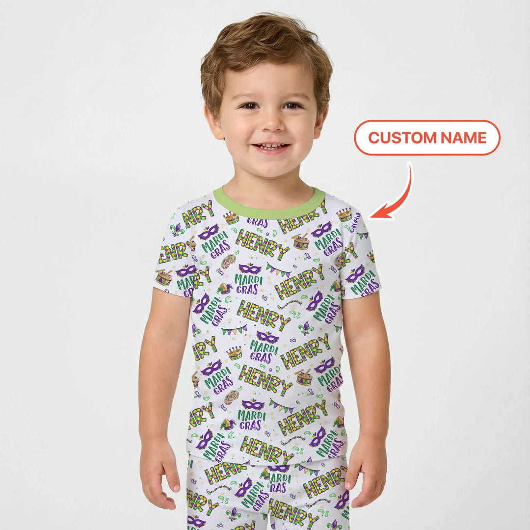 Custom Name Make your own Mardi Gras Bamboo Two Piece Short Sleeve Pajama Set