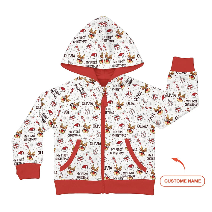 Custom Name Reindeer Doodle My First Christmas Bamboo Zip Hoodie