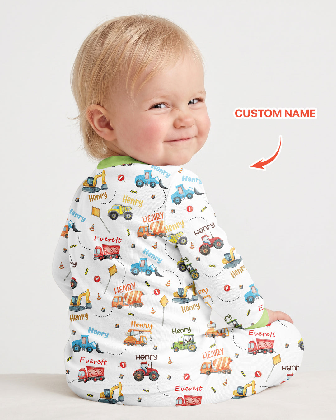 Construction Vehicles Custom Name Bamboo Two Piece Long Sleeve Pyjamas Set