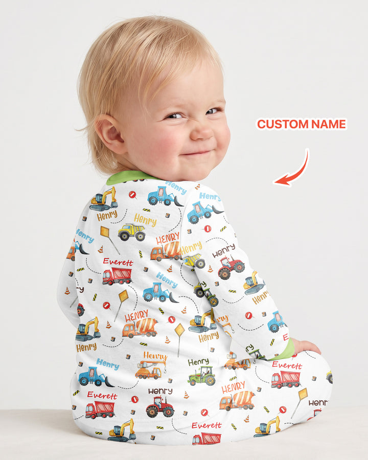 Construction Vehicles Custom Name Bamboo Two Piece Long Sleeve Pyjamas Set