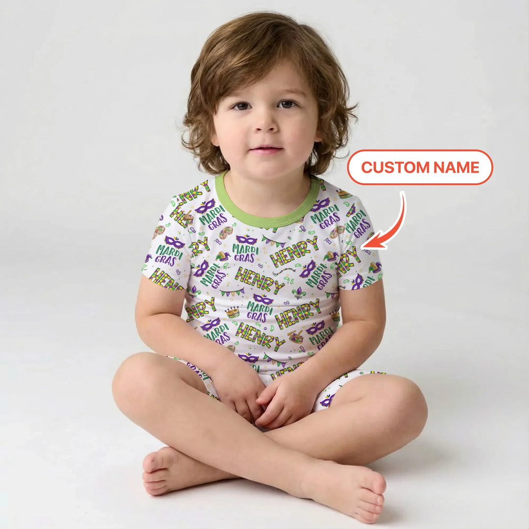 Custom Name Make your own Mardi Gras Bamboo Two Piece Short Sleeve Shorts Pajama Set