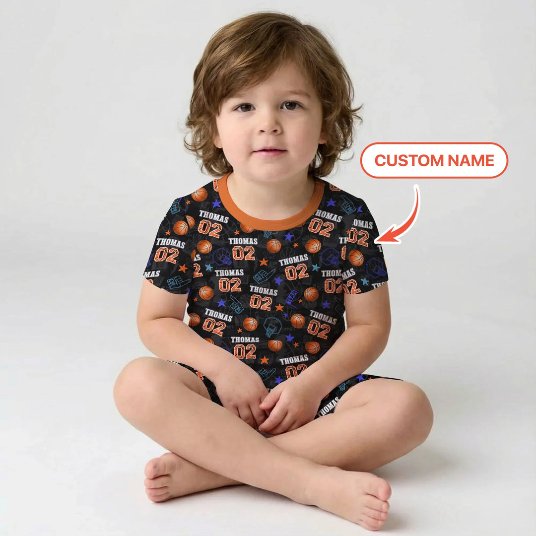 Custom Name Basketball Time Bamboo Two Piece Short Sleeve Shorts Pajama Set