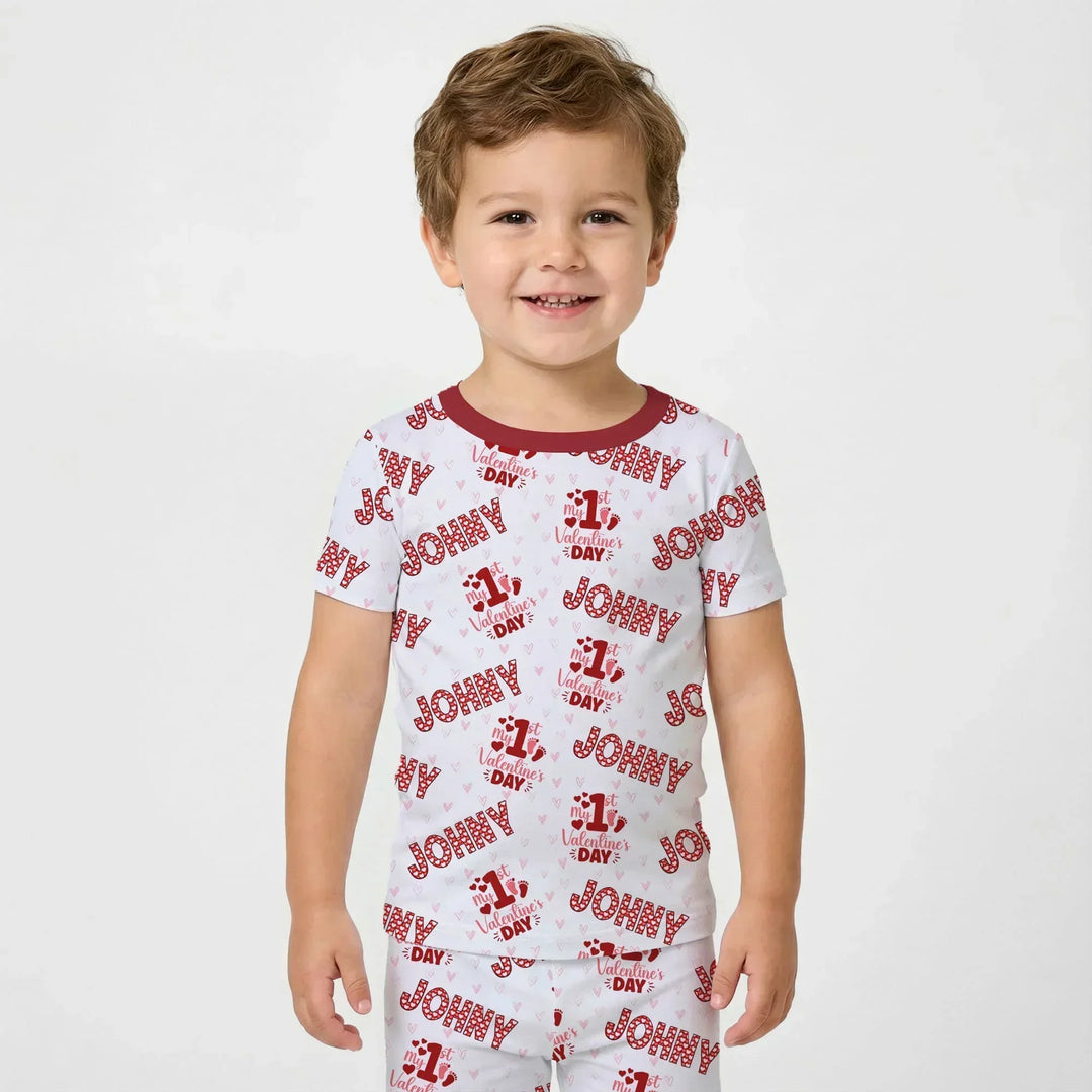 Custom Name My 1st Valentine's Day Bamboo Two Piece Short Sleeve Pajama Set