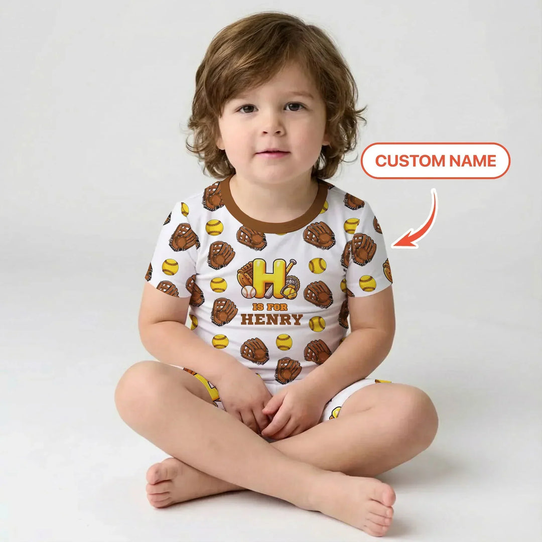 Softball Patterns Customized Bamboo Two Piece Short Sleeve Shorts Pajama Set