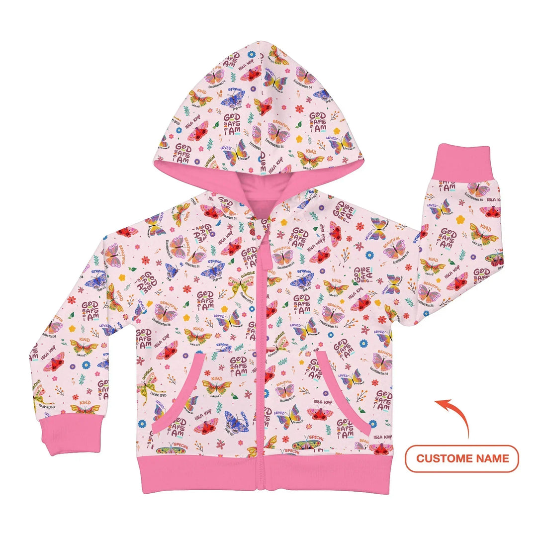 God says I am Butterfly Custom Name Bamboo Zip Hoodie