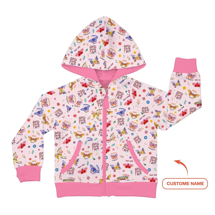 God says I am Butterfly Custom Name Bamboo Zip Hoodie