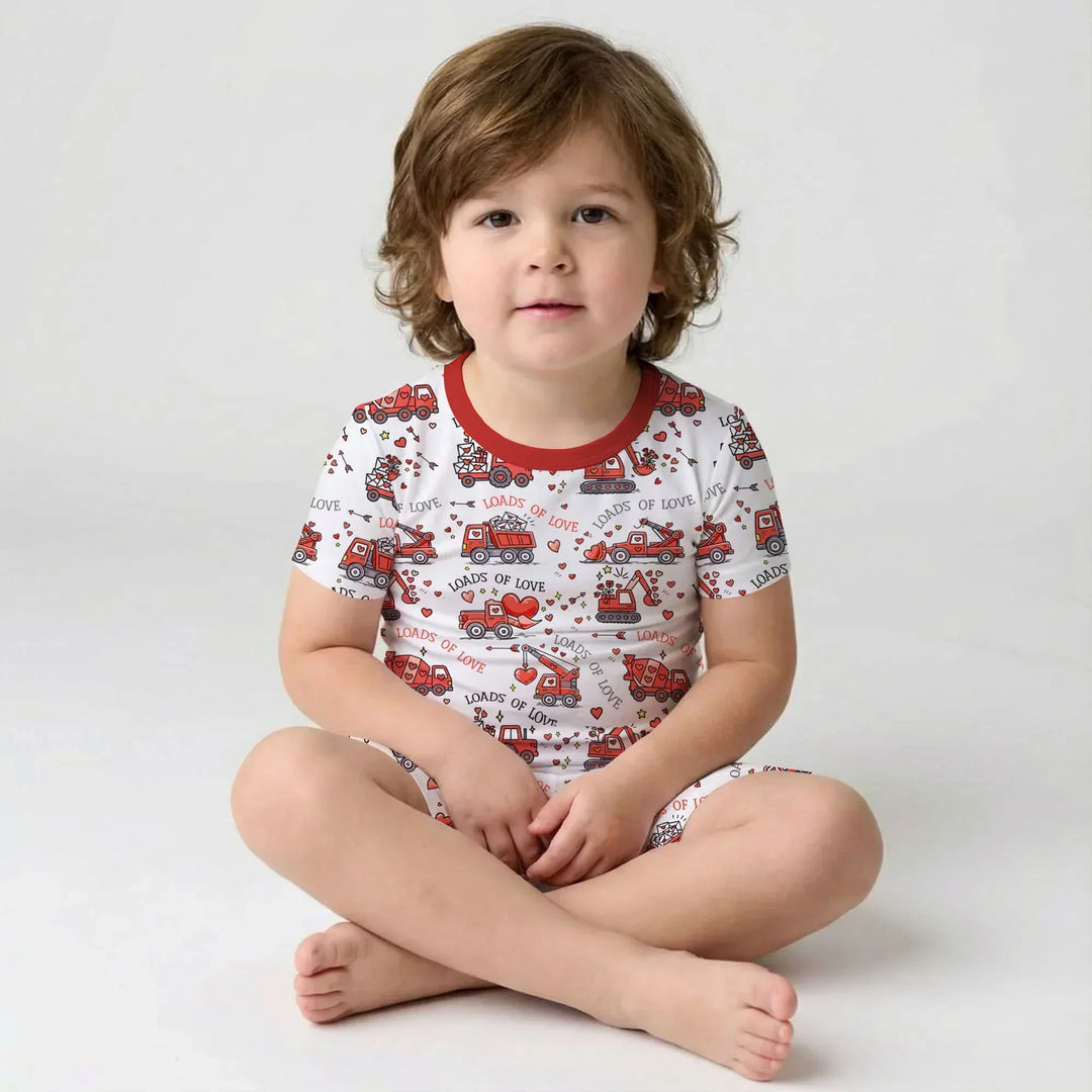 Construction Trucks Loads of Love Bamboo Two Piece Short Sleeve Shorts Pajama Set