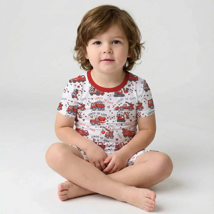 Construction Trucks Loads of Love Bamboo Two Piece Short Sleeve Shorts Pajama Set