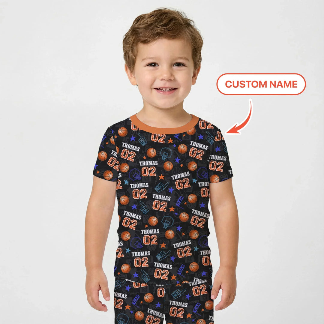 Custom Name Basketball Time Bamboo Two Piece Short Sleeve Pajama Set