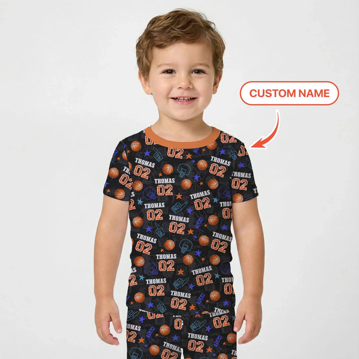 Custom Name Basketball Time Bamboo Two Piece Short Sleeve Pajama Set