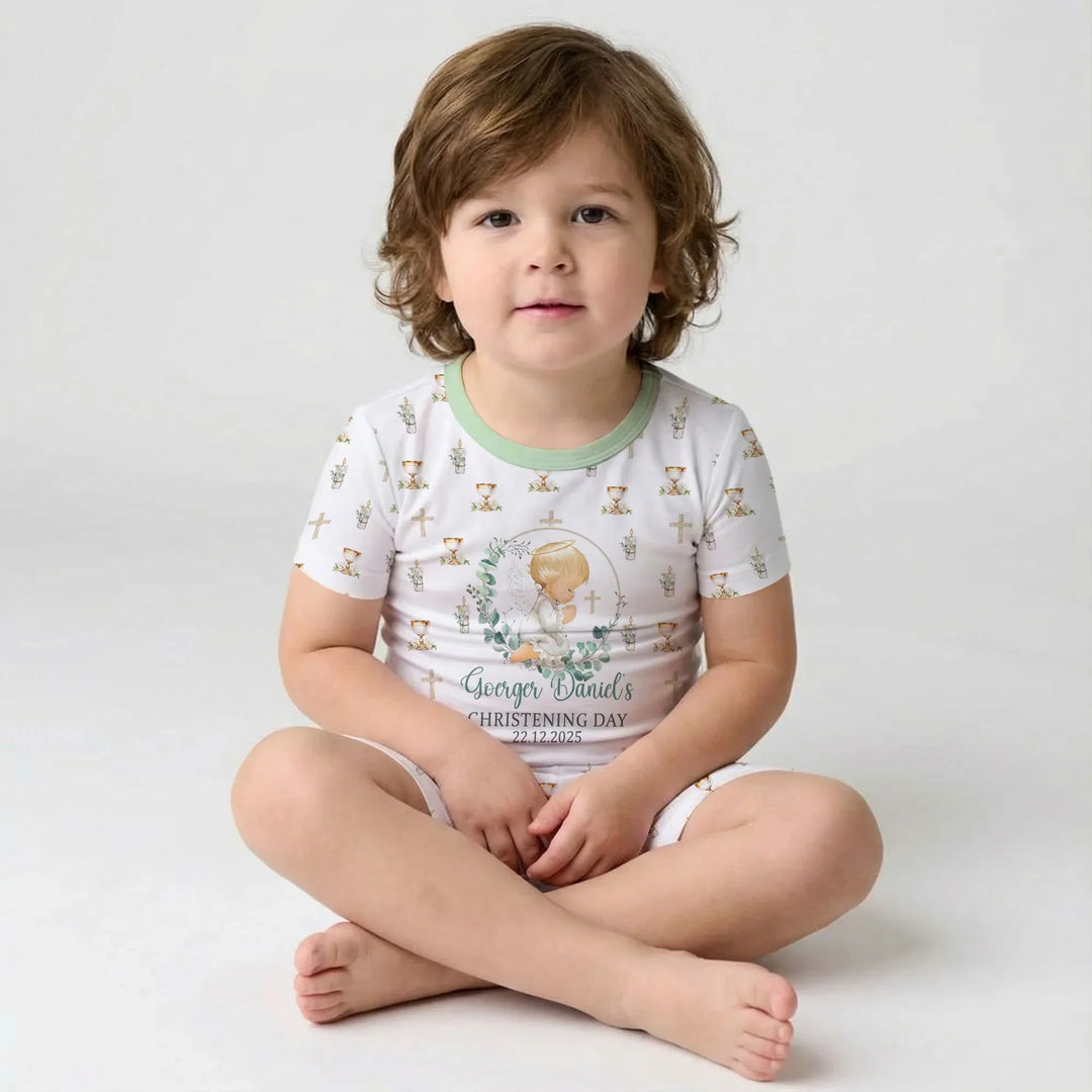 First Christening Day Custom Name Bamboo Two Piece Short Sleeve Shorts Pajama Set