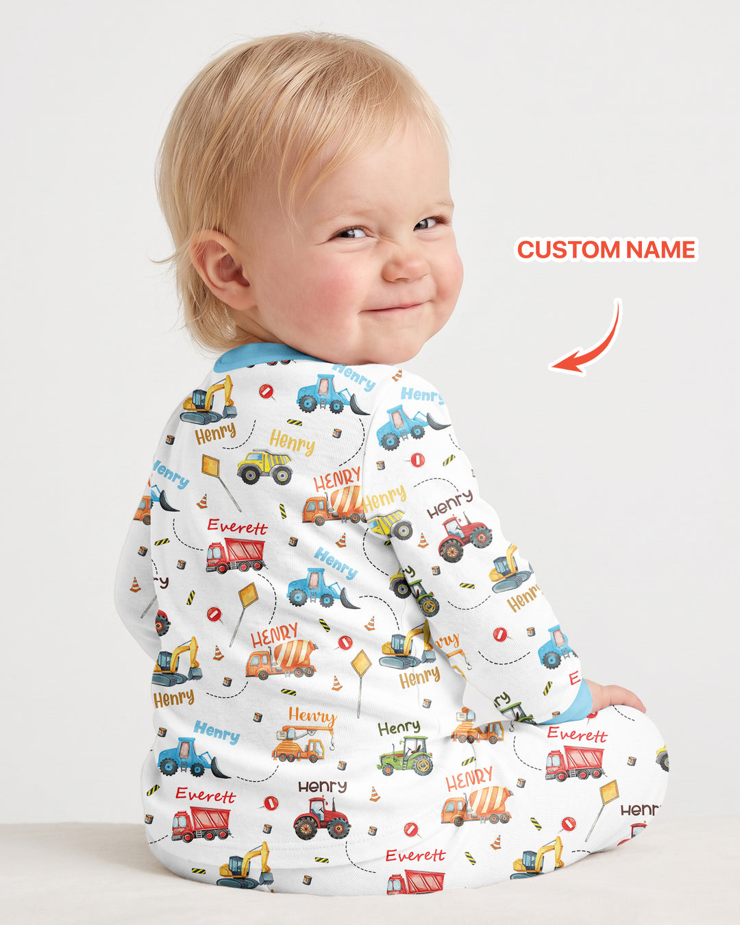 Construction Vehicles Custom Name Bamboo Two Piece Long Sleeve Pyjamas Set