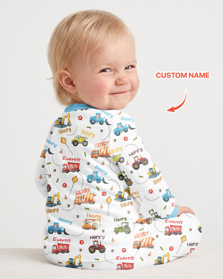 Construction Vehicles Custom Name Bamboo Two Piece Long Sleeve Pyjamas Set