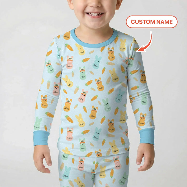 Custom Name Easter Bunny Bamboo Two Piece Long Sleeve Pajama Set