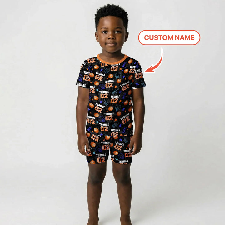 Custom Name Basketball Time Bamboo Two Piece Short Sleeve Shorts Pajama Set