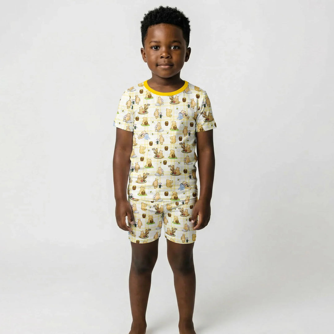 Bear & Friends Yellow Plaid Bamboo Two Piece Short Sleeve Shorts Pajama Set