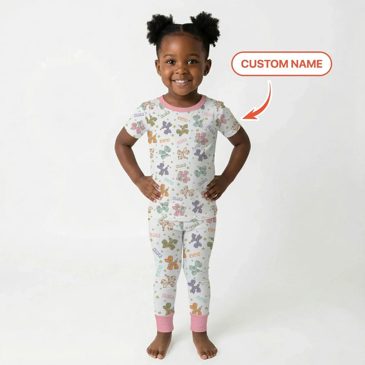 Custom Name Balloon Dog Bamboo Two Piece Short Sleeve Pajama Set