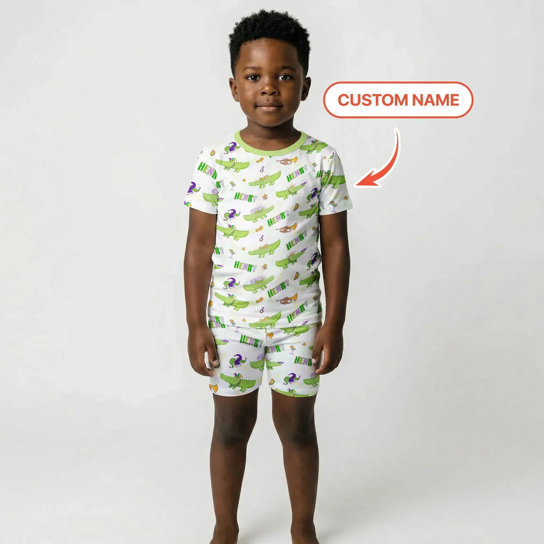 Alligator Mardi Gras Festival Bamboo Two Piece Short Sleeve Shorts Pajama Set