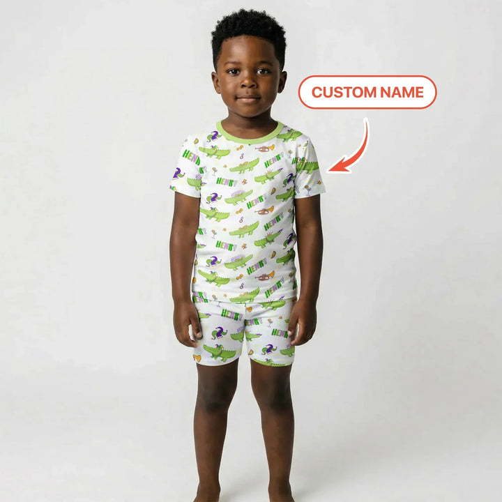Alligator Mardi Gras Festival Bamboo Two Piece Short Sleeve Shorts Pajama Set