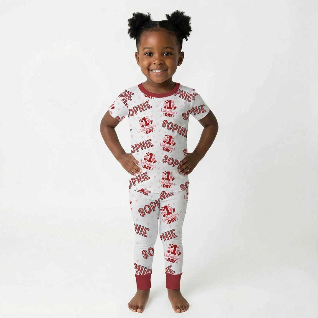 Custom Name My 1st Valentine's Day Bamboo Two Piece Short Sleeve Pajama Set