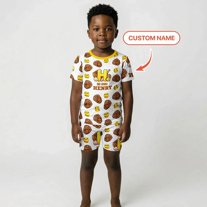 Softball Patterns Customized Bamboo Two Piece Short Sleeve Shorts Pajama Set