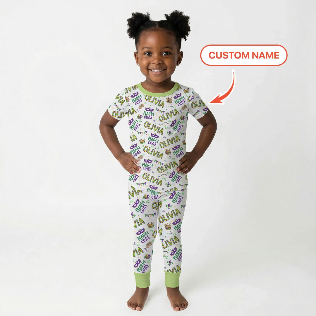 Custom Name Make your own Mardi Gras Bamboo Two Piece Short Sleeve Pajama Set