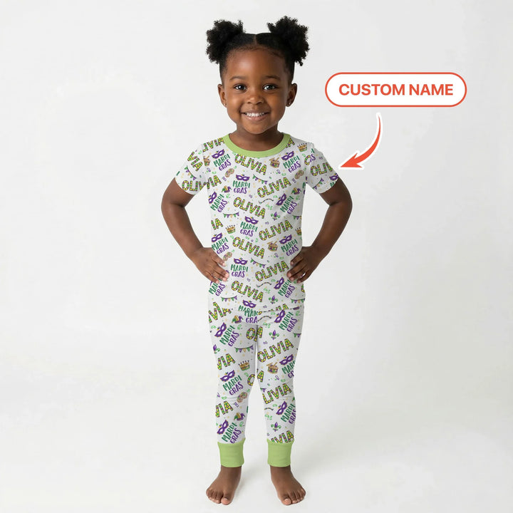 Custom Name Make your own Mardi Gras Bamboo Two Piece Short Sleeve Pajama Set