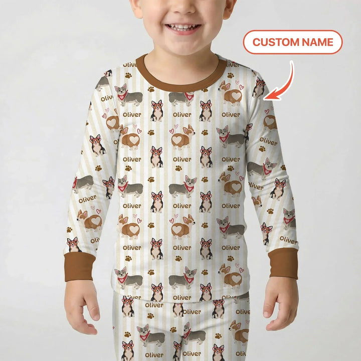 Custom Name Playful Corgis Family Matching Bamboo Two Piece Long Sleeve Pajama Set