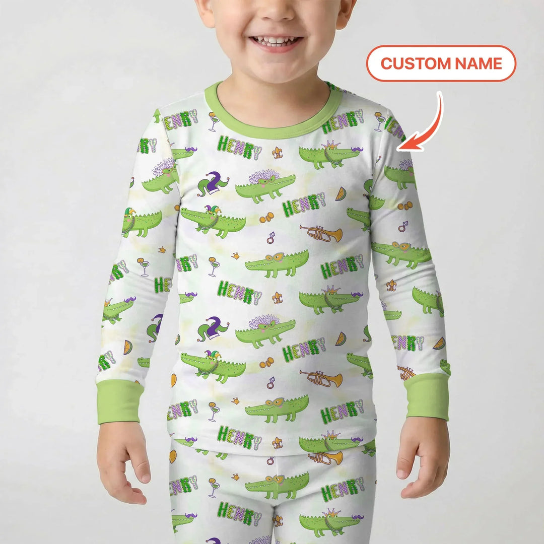 Alligator Mardi Gras Festival Bamboo Two Piece Long Sleeve Pajama Set