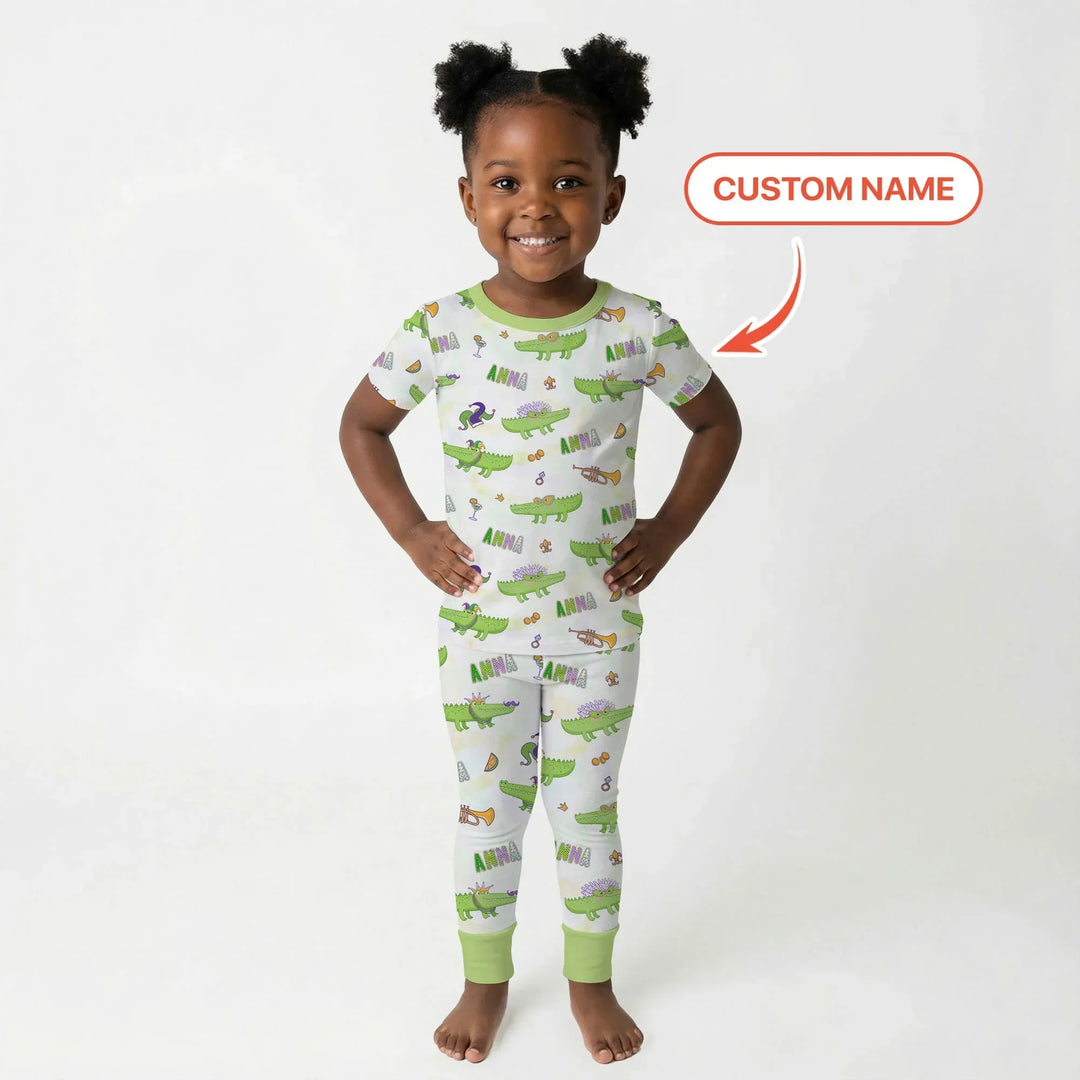 Alligator Mardi Gras Festival Bamboo Two Piece Short Sleeve Pajama Set