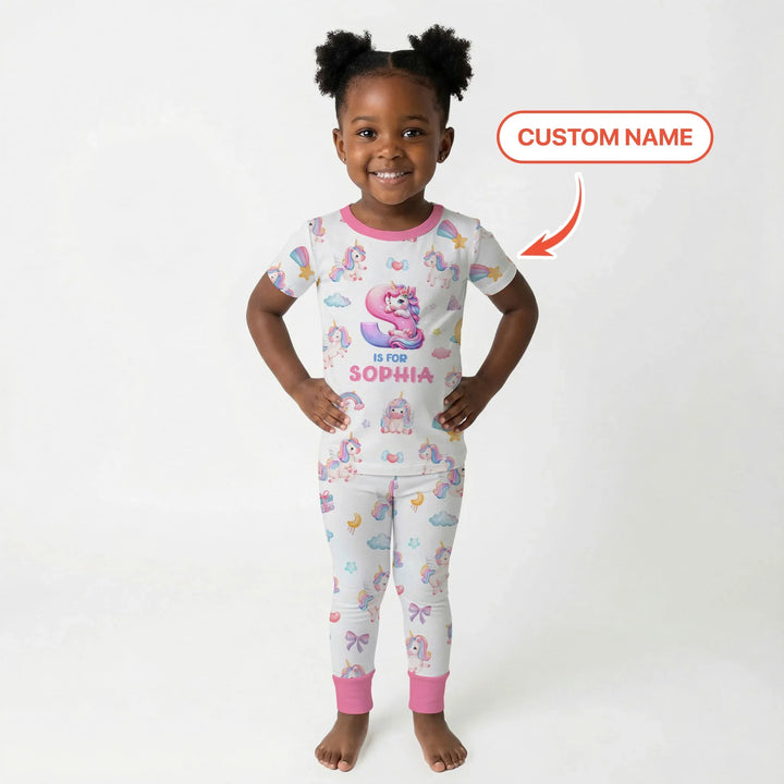 Unicorn Dreams Custom Name Bamboo Two Piece Short Sleeve Pajama Set