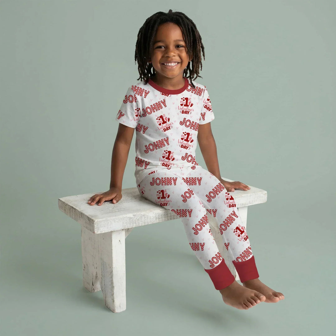 Custom Name My 1st Valentine's Day Bamboo Two Piece Short Sleeve Pajama Set
