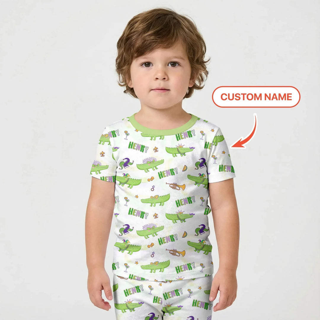 Alligator Mardi Gras Festival Bamboo Two Piece Short Sleeve Shorts Pajama Set