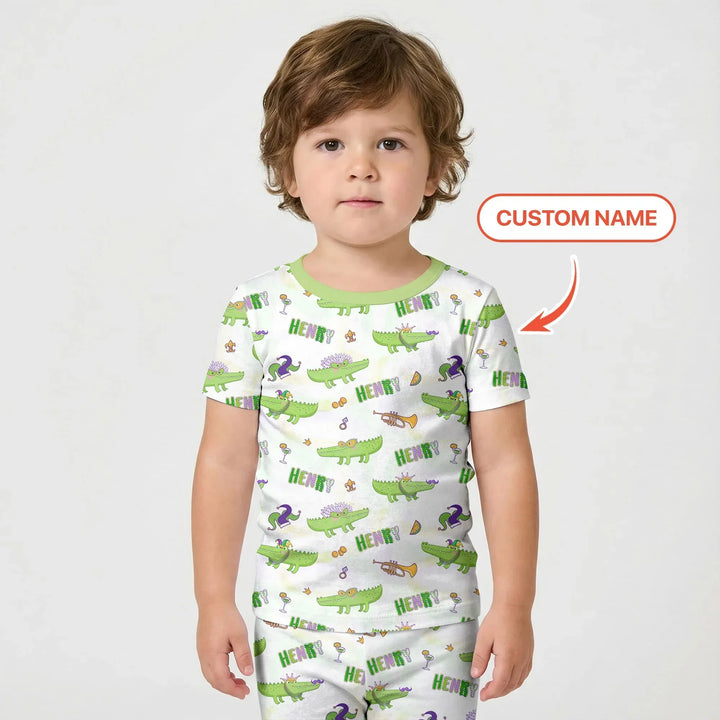 Alligator Mardi Gras Festival Bamboo Two Piece Short Sleeve Shorts Pajama Set