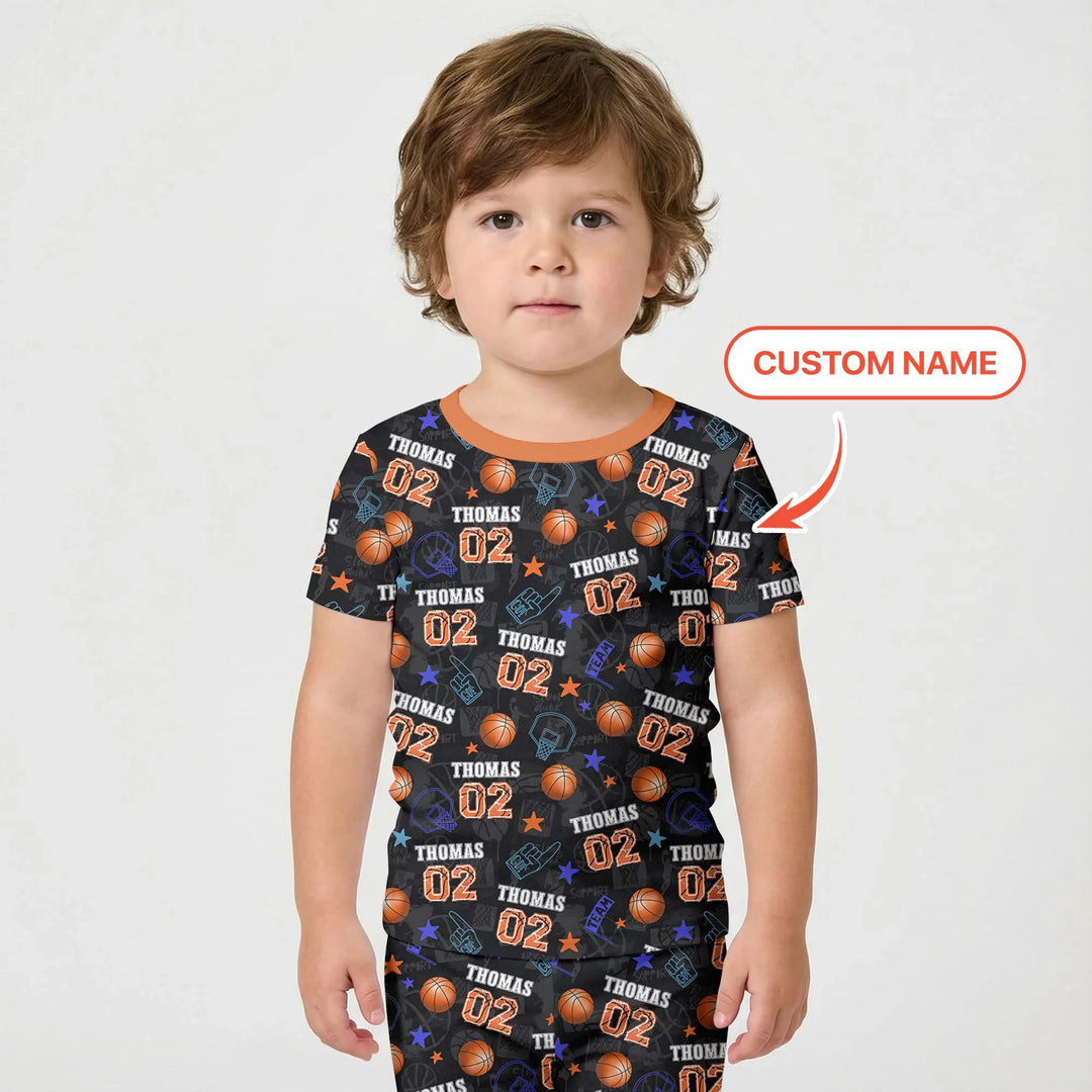 Custom Name Basketball Time Bamboo Two Piece Short Sleeve Shorts Pajama Set