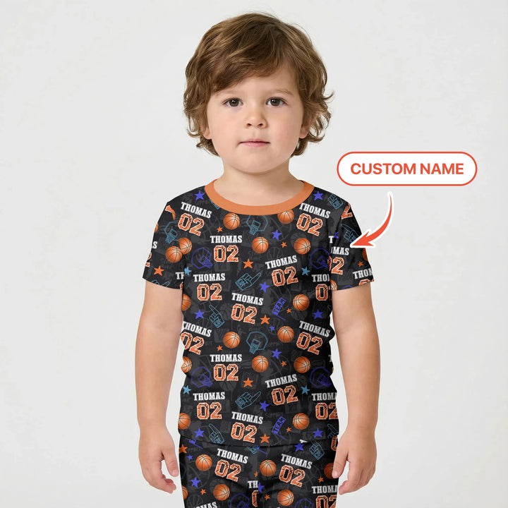 Custom Name Basketball Time Bamboo Two Piece Short Sleeve Shorts Pajama Set