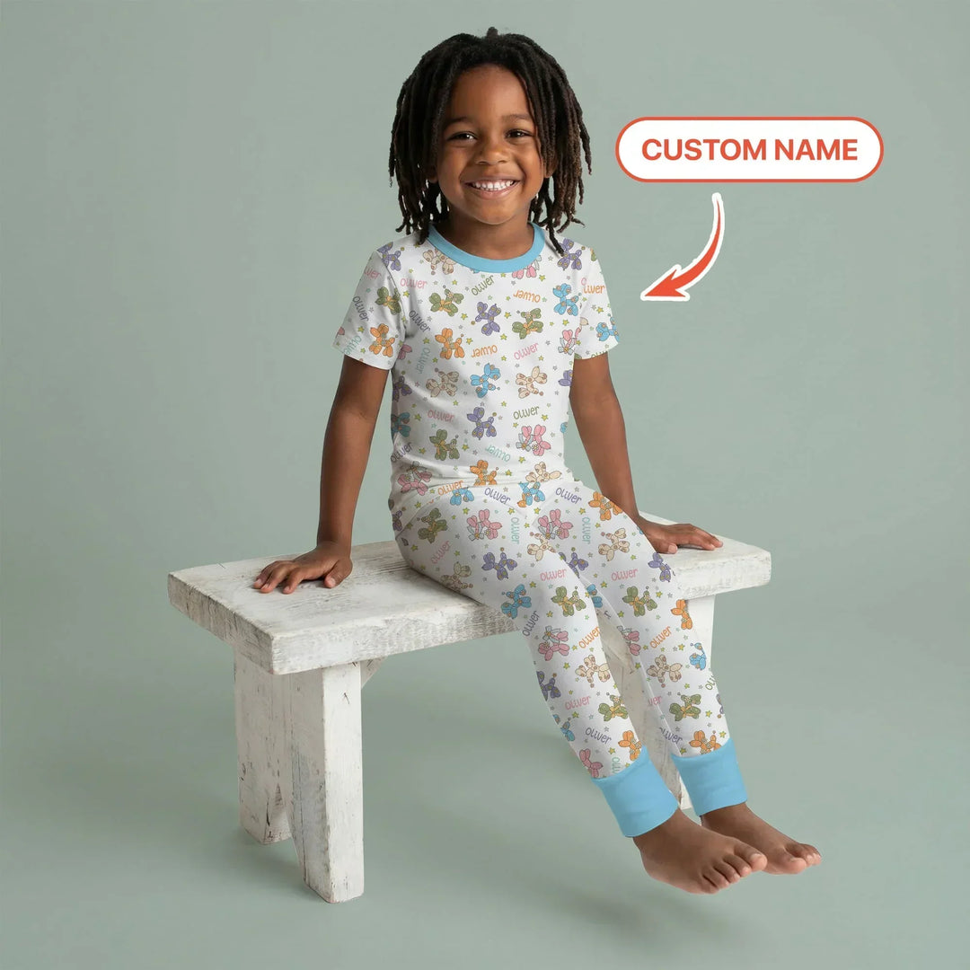 Custom Name Balloon Dog Bamboo Two Piece Short Sleeve Pajama Set